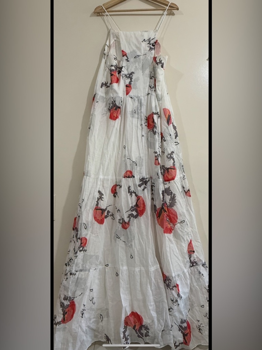 Maria Bonita White Maxi Sundress with Red Floral Print and Adjustable Spaghetti